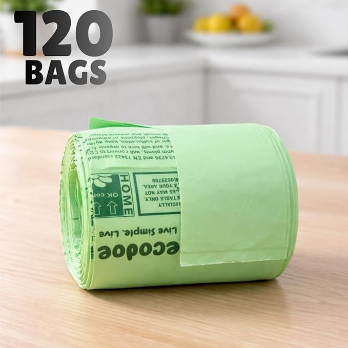 1.6 Gallon 100% Compostable Food Scrap Bags Handle Tie (120 Bags) Small Trash Bags Kitchen Garbage Bags US BPI Certified TUV OK Compost Home Certified Meeting ASTM D6400 (120 ct.)