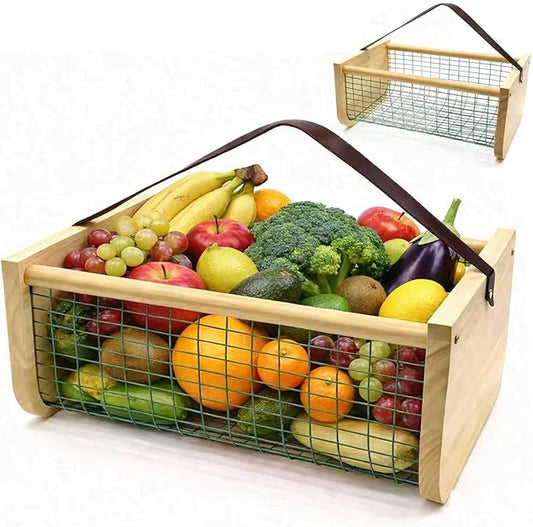 Garden Hod Harvest Basket, 16 x 10 x 7in Gardening Harvest Baskets with Leather Handle, Solid Wood with PVC Wire Mesh, Garden Baskets for Gathering Vegetables