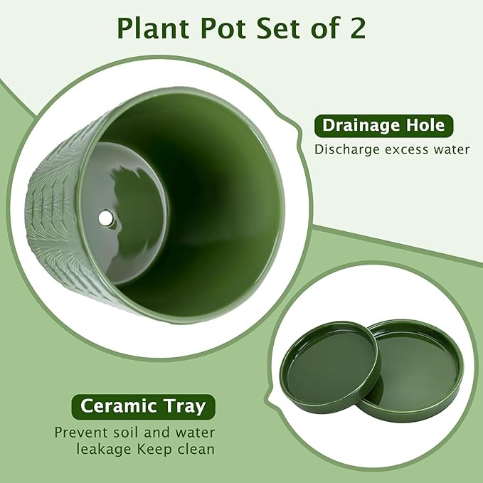 Ceramic Plant Pot,5+6 Inch Flower Pots with Drainage Hole&Tray,Ceramic Planter for Succulents Cactus,Indoor/Outdoor Pot for Plants,Set of 2- Patina