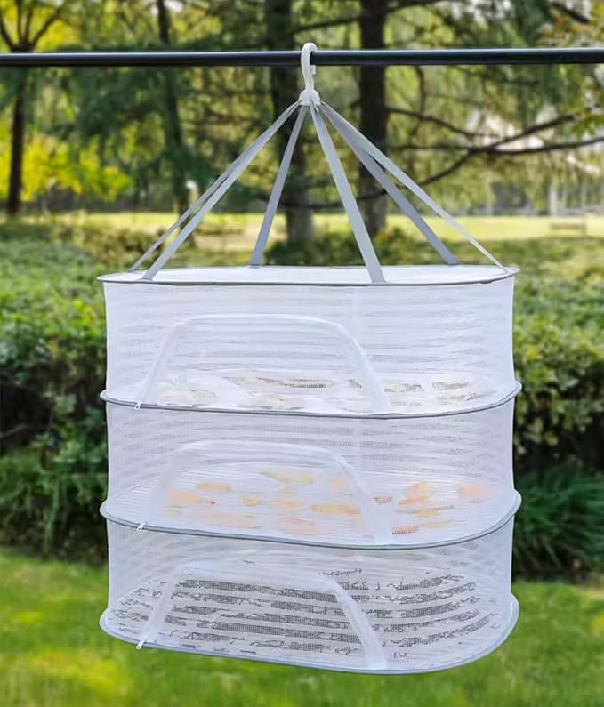 Herb Drying Rack, 3 Layer Hanging Mesh Net Herb Dryer with Foldable Mesh Net for Herbs, Fruits Vegetables Plants