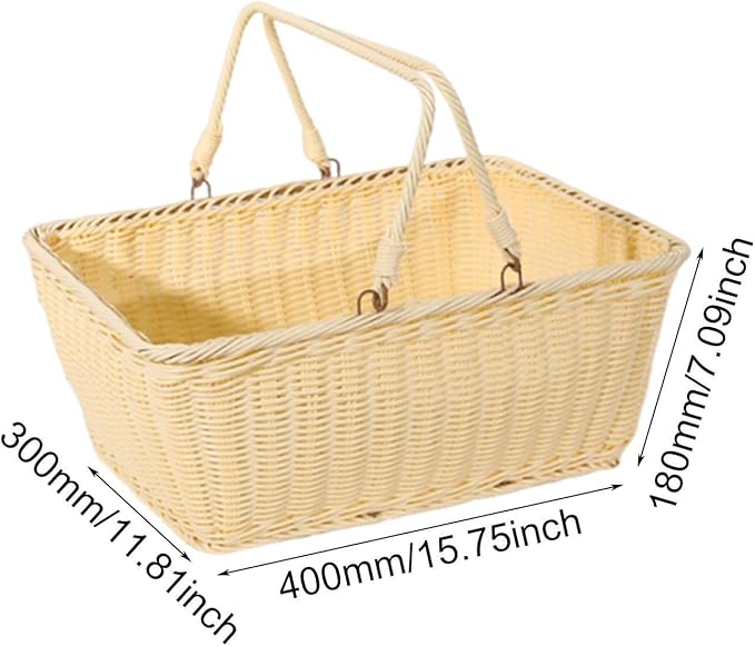 MYCENSE Wicker Picnic Storage Basket with Foldable Handle, PP Woven Empty Picnic Baskets, Sturdy Iron Wire Frame, Versatile Harvest Basket for Camping, Beach, Park, Halloween, B 40x30x18cm
