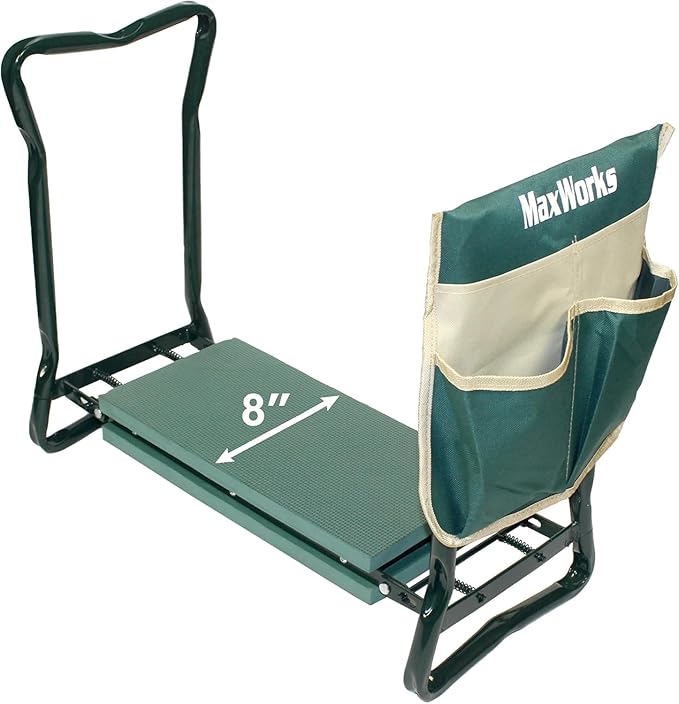 MaxWorks 51033 Folding Garden Kneeler Stool with 8 inch Wide Kneeling Pad, with 1 Tools Pouch for Planting and Gardening