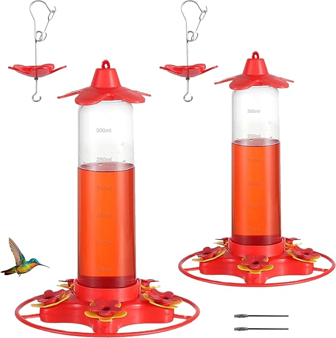Hummingbird Feeders for Outdoors Hanging (2 Pack), 5 Feeding Ports 12 oz Plastic Hummingbird Feeder, Bee-Proof Leak-Proof No Drip, Easy to Clean with Cleaning Brush