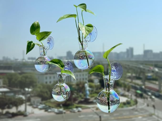 4 pcs Iridescent Window Propagation Stations, Easy to Install Plant Propagation Bulbs with Suckion Cups, No Nails Wall Hanging Planter Propagation Station, Glass Plant Terrarium Vase