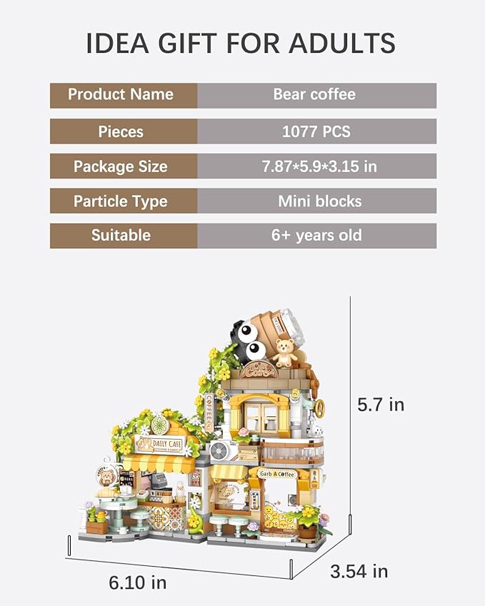 City Street View Bear Coffee Shop Mini Building Blocks Set 1077 pcs, MOC Creative Bear Animal Theme House, Simulation Architecture Toy, Gifts Idea for Kids Adults (1382)