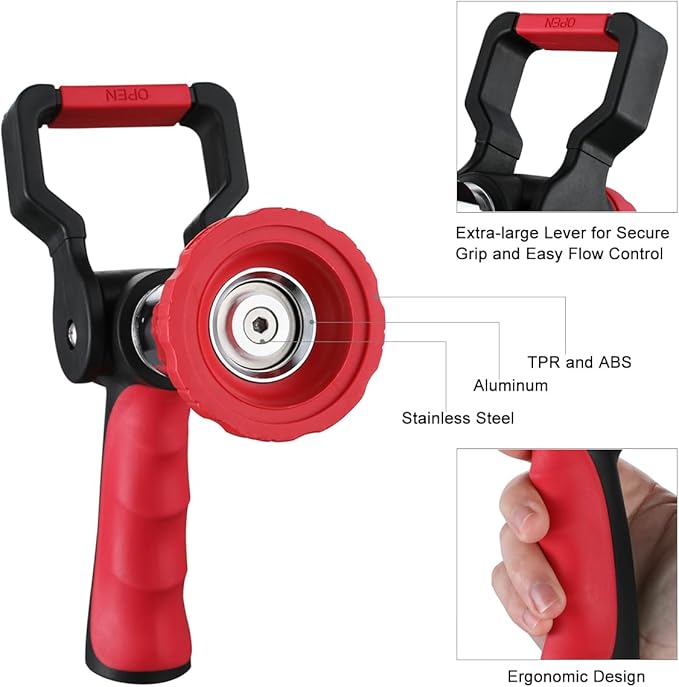 FANHAO High Pressure Fireman's Spray Nozzle, Heavy Duty Metal Garden Hose Nozzle with Lever Handle and Slip Ergonomic Grip, Adjustable Water Nozzle for Watering Lawn and Garden, Washing Car & Pet