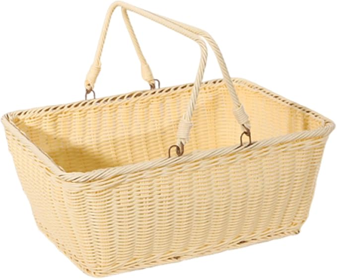 MYCENSE Wicker Picnic Storage Basket with Foldable Handle, PP Woven Empty Picnic Baskets, Sturdy Iron Wire Frame, Versatile Harvest Basket for Camping, Beach, Park, Halloween, B 40x30x18cm