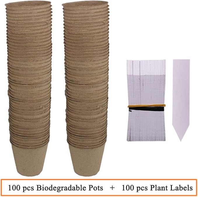 100 Pack 3.15" Round Biodegradable Peat Pots Plant Seedling Saplings & Herb Seed Starters Kit with 100 Pcs White Plastic Plant Labels