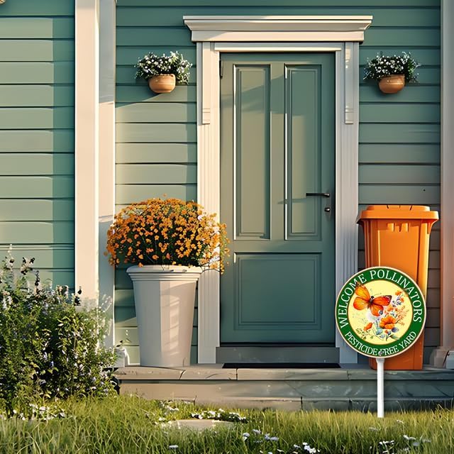 Kurmntregon Welcome Pollinators Pesticide Free Yard Sign Pollinators Friendly Garden Sign With Stake Round 9.2inch Aluminum Security Warning Sign Porch Farmhouse Ranch Farm Courtyard