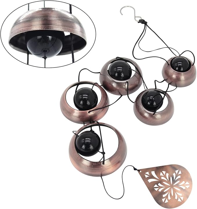 36" Copper Temple Wind Chimes with 5 Bells, Melodious Zen Feng Shui Wind Bells for Outside, Memorial Wind Chime Sympathy Gift with Unique Teardrop Floral Sail, Decorative Garden Decor for Yard Patio