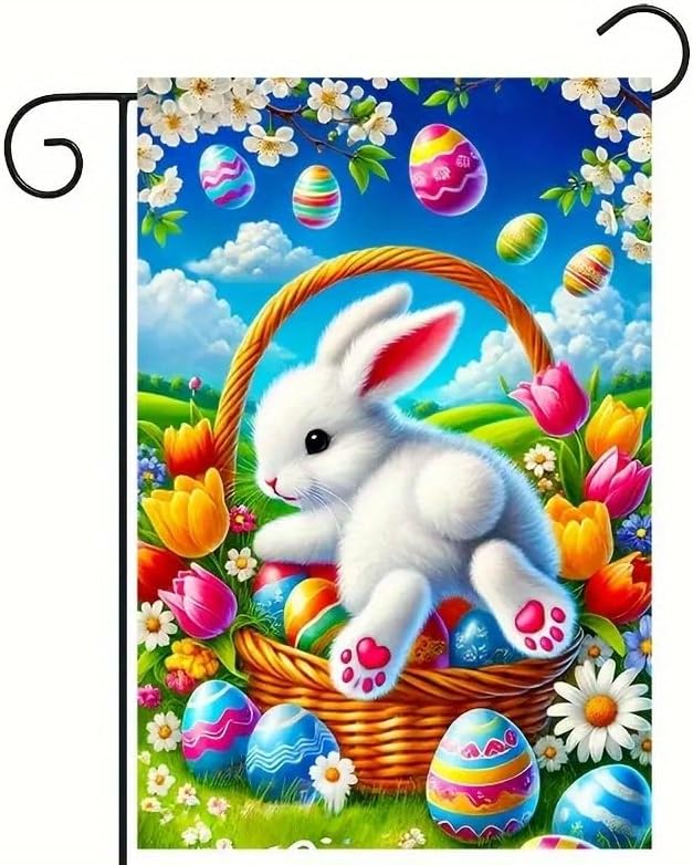 Happy Easter Egg Bunny Garden Flag 12 x 18 inch Double Sided Outside decorations,Spring Flower Small Garden Flags For Outdoor Yard Lawn