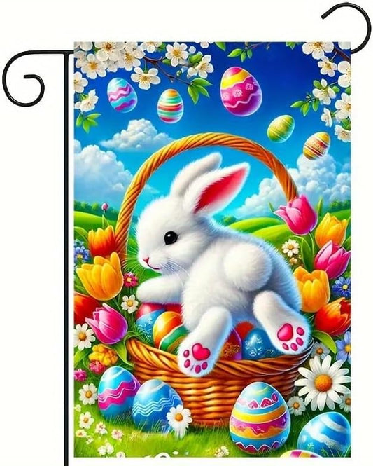 Happy Easter Egg Bunny Garden Flag 12 x 18 inch Double Sided Outside decorations,Spring Flower Small Garden Flags For Outdoor Yard Lawn