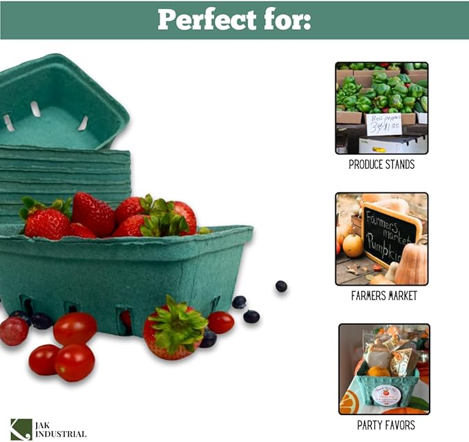 25 Pack Green Molded Pulp Fiber Berry/Produce 1.5 Quart Basket - Large Berry Basket