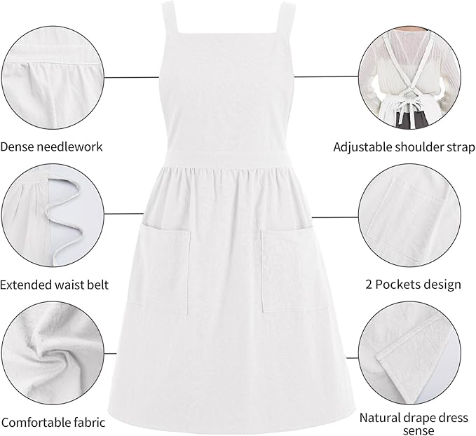 Cotton Linen Pinafore Apron Dress for Women with Pockets Cute Art Chef Aprons for Kitchen Baking Gardening Painting