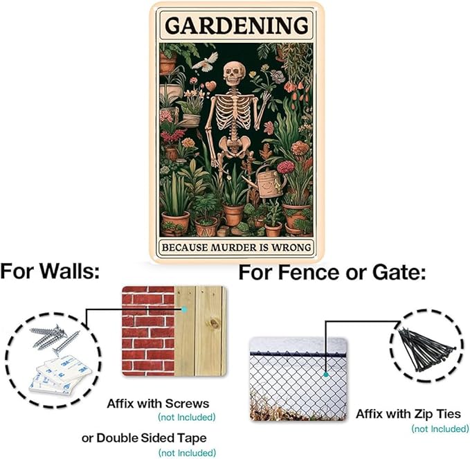 Gardening Because Murder is Wrong Vintage Tin Sign- Retro Metal Sign for Garden Outdoor Indoor Wall Decorative 8x12 Inch