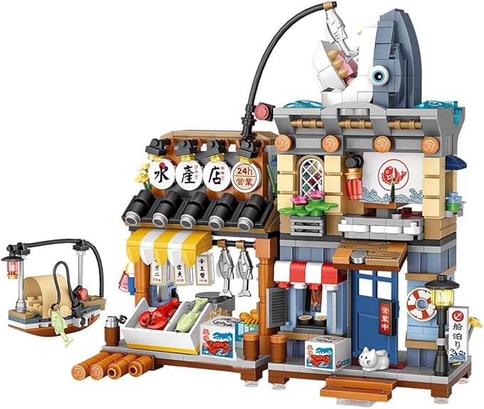 Japanese City Street View Seafood Store Mini Building Blocks Set 790 pcs, Aquatic Products Shop MOC Creative House, Simulation Architecture Toy, Gifts Idea for Kids Adults (1231)