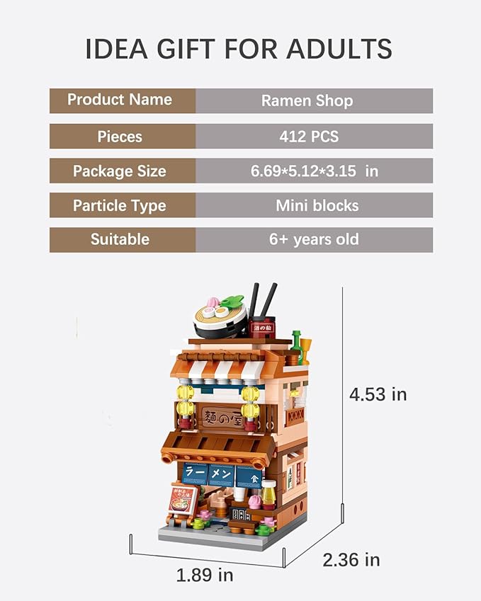 Japanese City Street View Ramen Shop, MOC Creative Mini Building Blocks House Set 412 pcs, Simulation Architecture Construction Toy, Gifts Idea for Kids Adults (1654)
