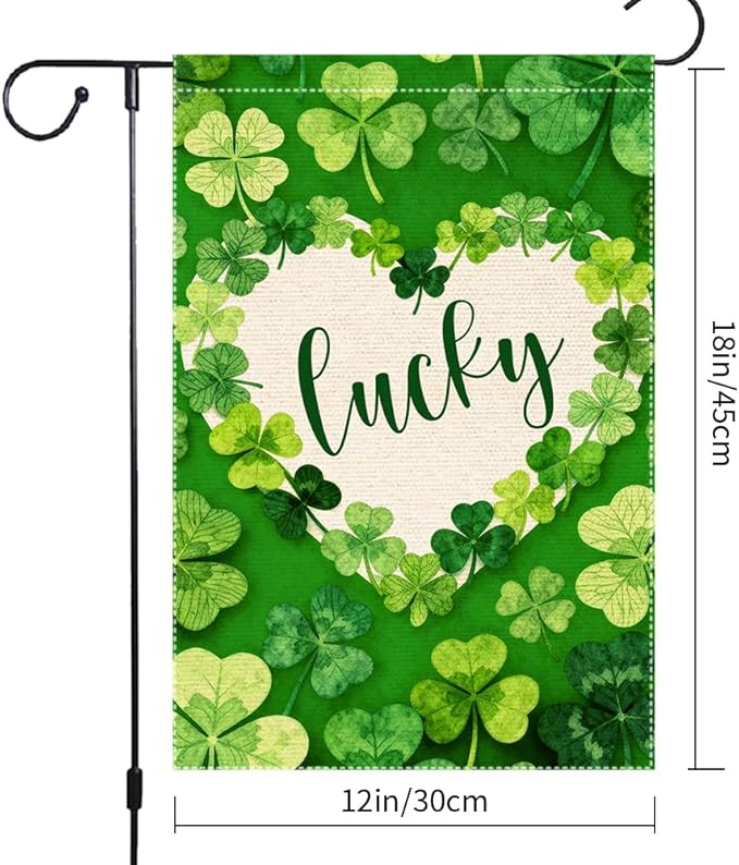 St Patrick's Day Garden Flag 12x18 Inch Double Sided Burlap Lucky Shamrock Heart Green Clover Pattern Holiday Yard Patio Irish Festival Outside Decorations