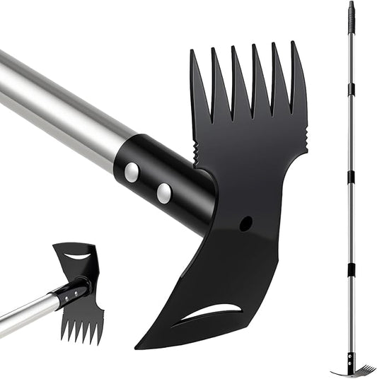 Weed Puller Tool with Long Handle(58IN), 2-in-1 Gardening Hand Tools Weeds Remover, Weeder Rake & Garden Hoe Combo, Manual Weeding Puller Tool for Garden Yard Patio Lawn