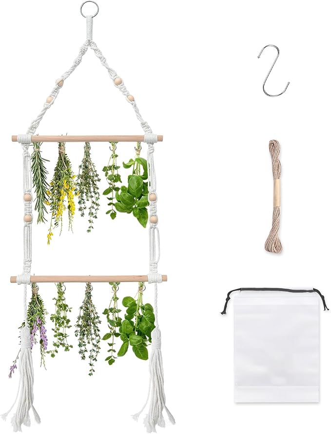Herb Drying Rack Hanging Macrame Boho Plant Dryer Racks Two-Layer Handcrafted Woven Air Dry Herbal Hangers with S-Shaped Hook 32Ft Jute Twine for Spices Weed Flowers