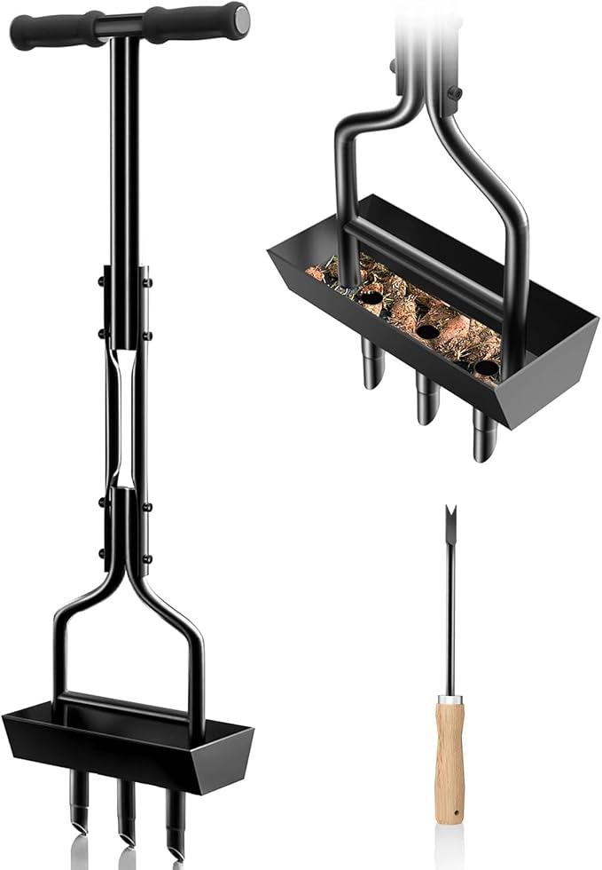 EEIEER Manual Lawn Aerator Tool with Soil Storage Basket - 2025 Upgraded Aerator Lawn Tool, 3 Tines Yard Aerators with Cleaning Tool, 38’’ Ergonomic Aeration Tools for Compacted Soil & Lawn Care