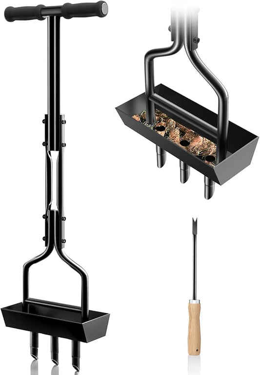 EEIEER Manual Lawn Aerator Tool with Soil Storage Basket - 2025 Upgraded Aerator Lawn Tool, 3 Tines Yard Aerators with Cleaning Tool, 38’’ Ergonomic Aeration Tools for Compacted Soil & Lawn Care