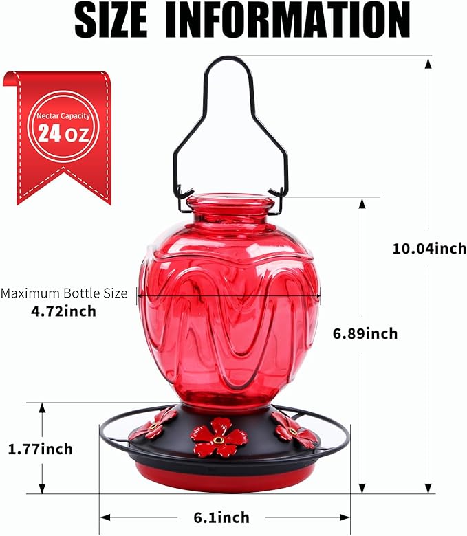 2 Pack Glass Hummingbird Feeder for Outdoors Hanging, 24Ozs Humming Bird Nectar Feeder w/Perch, 5 Flower Feeding Ports, Leak Proof Base and Hook for Outside Garden Backyard Decor, Red