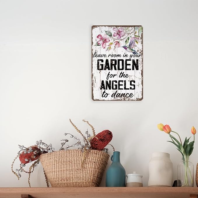 Metal Garden Sign, Leave Room in Your Garden for the Angels to Dance Sign, Decorative Wooden Wall Plaque, Cottage Yard Balcony Decor, Outdoor Vintage Metal Tin Signs 11.8 * 7.9inches