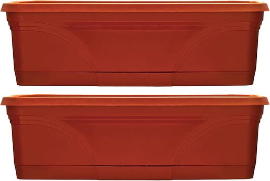 Southern Patio 36 Inch Rectangular Plastic Medallion Hanging Windowsill and Garden Box Planters with Drainage Holes, Terracotta (2 Pack)
