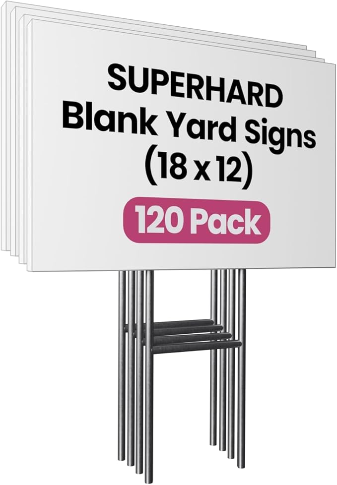 PartyPrints 120 Pack 18 x 12 White Blank Yard Signs with Metal Stakes, Waterproof Corrugated Plastic Signs for Rent, Sale, Party, Birthdays, DIY, Event, Advertising, Garden, Lawn Signs for Outside