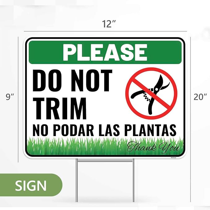 2PC Do Not Trim Signs in English and Spanish with Stakes, 12 Inches by 9 Inches - Corrugated Plastic - Bilingual Do Not Trim Garden Signs
