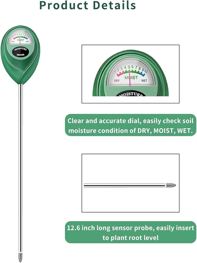 Soil Moisture Meter, Long Probe Soil Moisture Monitor for House Plants, Soil Hygrometer Moisture Sensor for Indoor & Outdoor, Garden, Farm, Lawn Plant Care, No Battery Needed(Green)