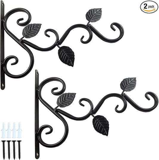 TIHOOD 2PCS Wall Hook Hanging Plant Brackets, Metal Plant Bracket Iron Wall Mount Leaf Black Hangers for Hanging Bird Feeders, Lanterns, Wind Chimes, Planters, Outdoor Decoration Hooks