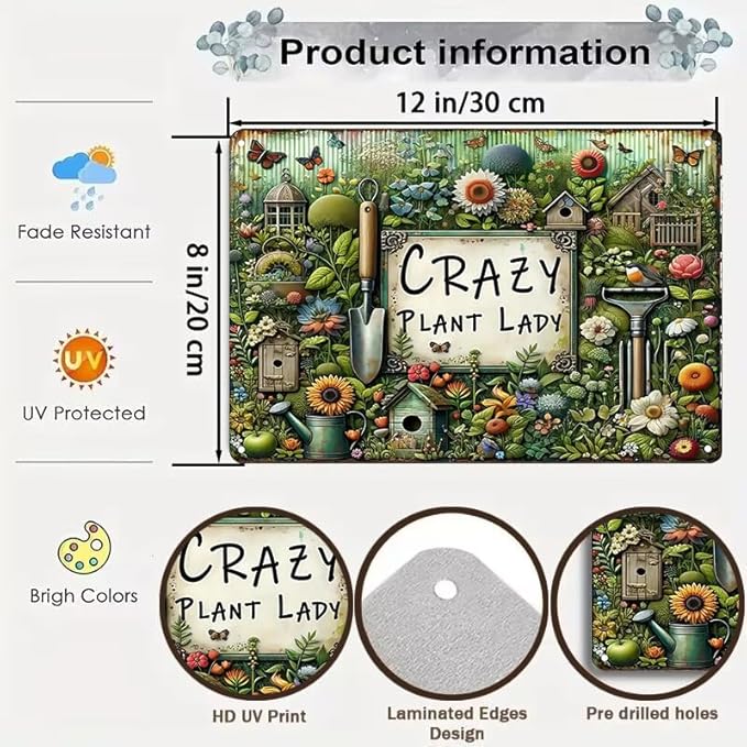 Bestylez Garden Gifts Vintage Gardening Signs Crazy Plant Lady Tin Sign for Home Garden Greenhouse Living Room Bedroom Yard Outdoor Decor 8X12 Inch (3359)