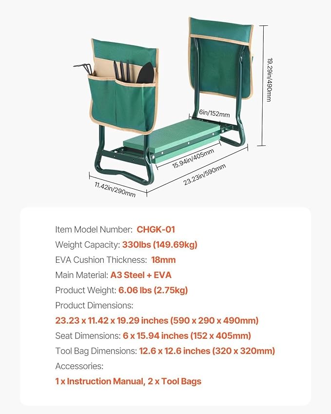 Garden Kneeler and Seat with 6" Thick EVA Pad,Folding Stool Bench,330 lbs Capacity,Dual Tool Bags,Ergonomic Handles for Seniors,Lightweight & Portable for Gardening,Weeding,Planting
