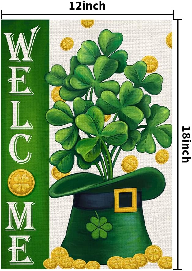 Welcome St Patricks Day Garden Flags Burlap 12x18 Double Sided, Green Hat Lucky Shamrocks Gold Coin Holiday Party Sign Small Flag Yard Outdoor Decor DF658