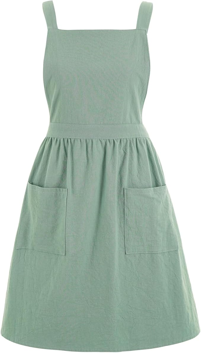 Cotton Linen Pinafore Apron Dress for Women with Pockets Cute Art Chef Aprons for Kitchen Baking Gardening Painting