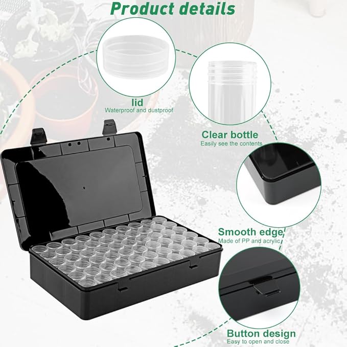 Seed Storage Box with 60 Bottles and Label Stickers, Opaque Light Proof Seed Organizer, Garden Pip Saver kit Seed Container Storage for Flower Plants Vegetable Seed Saving