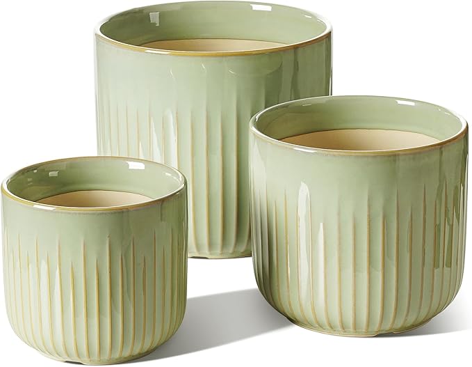 LE TAUCI Fluted Ceramic Pots for Plants, 8.3/7/6 Inch Indoor Planters with Drainage Holes & Mesh, Modern Glossy Glaze Cylinder Plant Pot for Snake Plant, Set of 3, Sage Green