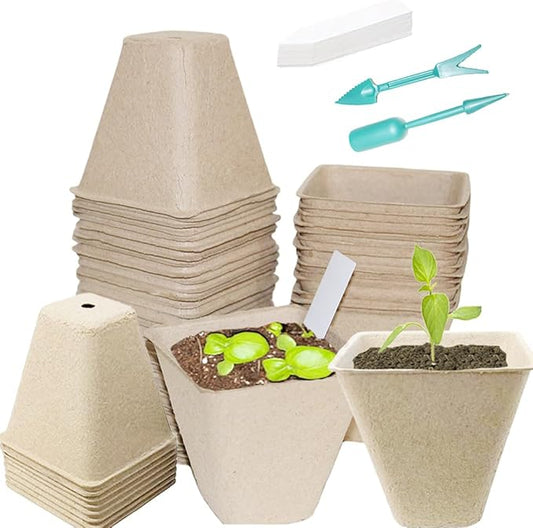 50Pcs Biodegradable Seedling Pots Seed Starter Kit 3.15 Inch Square Peat Pot with Drainage Holes, Plant Labels, Seedling Pickers & Garden Shovels