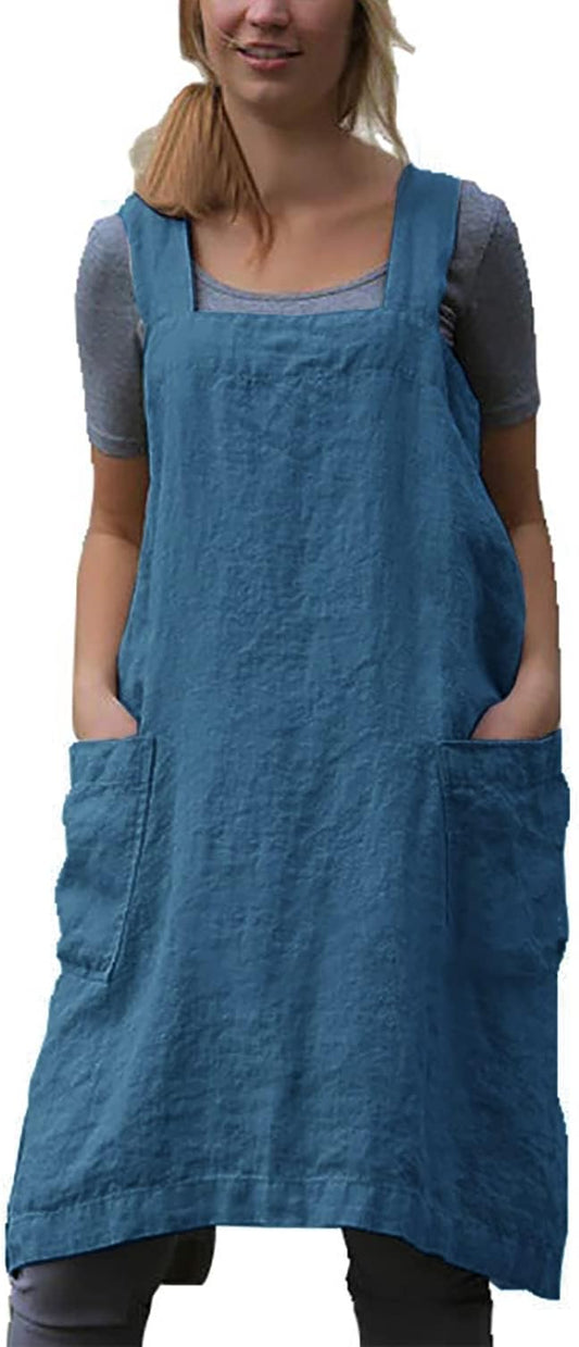 VLZUFE Cotton Linen Apron for womens Cross Back Apron Pinafore Dress for Baking Cooking Gardening Work