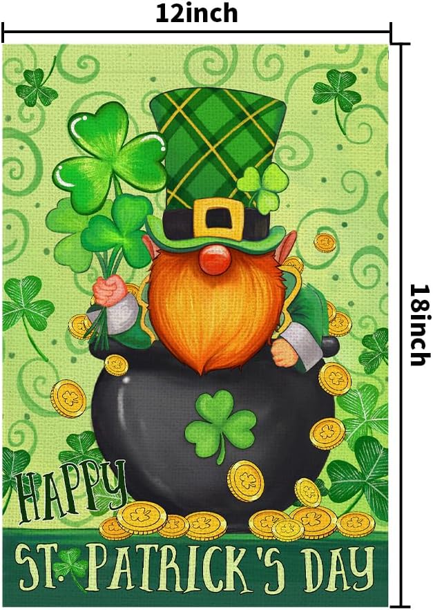 Happy St Patricks Day Gnome Garden Flag Burlap 12x18 Double Sided, Green Leprechaun Hat Shamrock Lucky Clover Holiday Party Sign Small Flags Yard Outdoor Decorations DF656