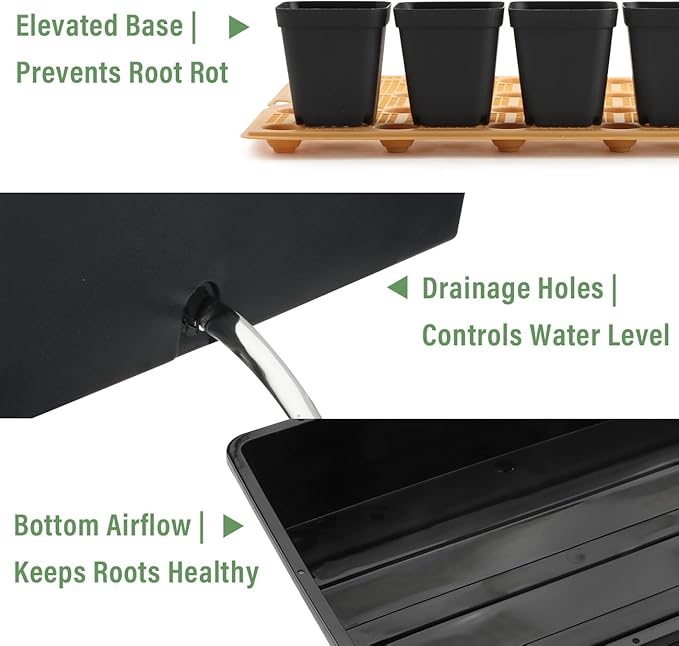 5 Pack Nursery Pots Trays with Removable Mesh Drainage Mat, Plastic Seed Starter Trays (17"x12"x3.5") with Drainage Hole, Propagation Kit for Seedlings, Microgreens, Plant Germination (Black)