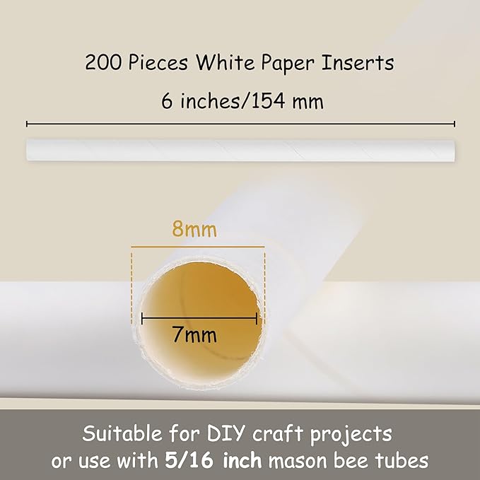 Elcoho 200 Pieces Bee Tube Refill Mason Bee Paper Inserts 6 Inches Bee Cardboard Tube Replacement Inserts Mason Bee Nesting Tubes Refills Inserts for Bee Houses and Supplies, Outdoor and Garden