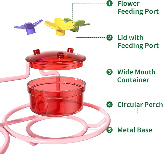 2 Pack Window Hummingbird Feeder, Small Hummingbird Feeder for Outdoors with Strong Suction Cup - Metal Base & 6 Feeding Ports, Easy to Clean and Refill, Pink