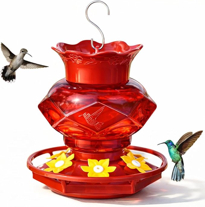 Hummingbird Feeders for Outdoors Hanging Ant and Bee Proof, 18OZ Diamond Humming Bird Feeders for Outside Circular Perch with Leak Proof & 6 Feeding Ports, Gifts for Women, Red 1 Pack Plastic