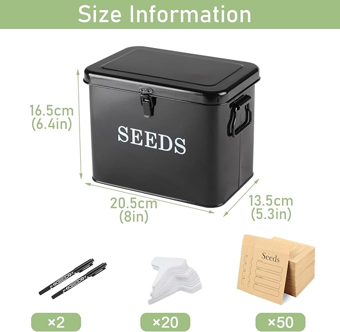3 Dividers Seed Storage Box, Metal Seed Box Seed Storage Organizer with Safety Lock, Portable Garden Seed Bin, Professional All-in-one Kit, Black