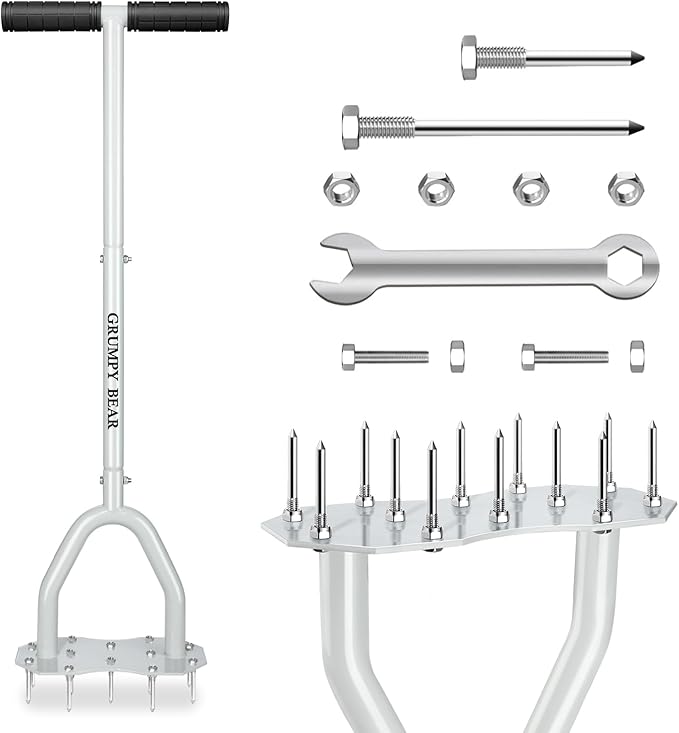 Grumpy Bear Heavy Duty Spike Lawn Aerator – Non-Slip T-Handle, Thick Stainless Steel Tube, Big Foot Plate for Better Root Growth & Water Drainage