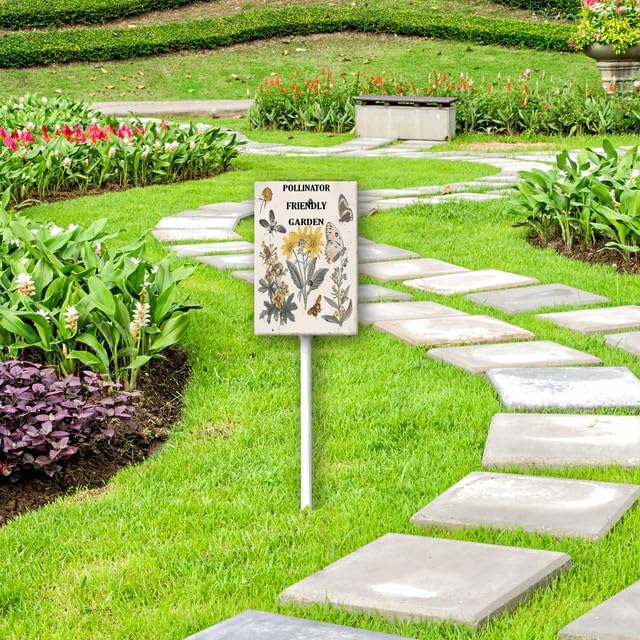 Uptell Aluminium Yard Sign Pollinator Friendly Garden Sign 8x12inch Outdoor Natural Retro Metal Signs Yard Grass Lawn Art And 12.8" Stake Kit