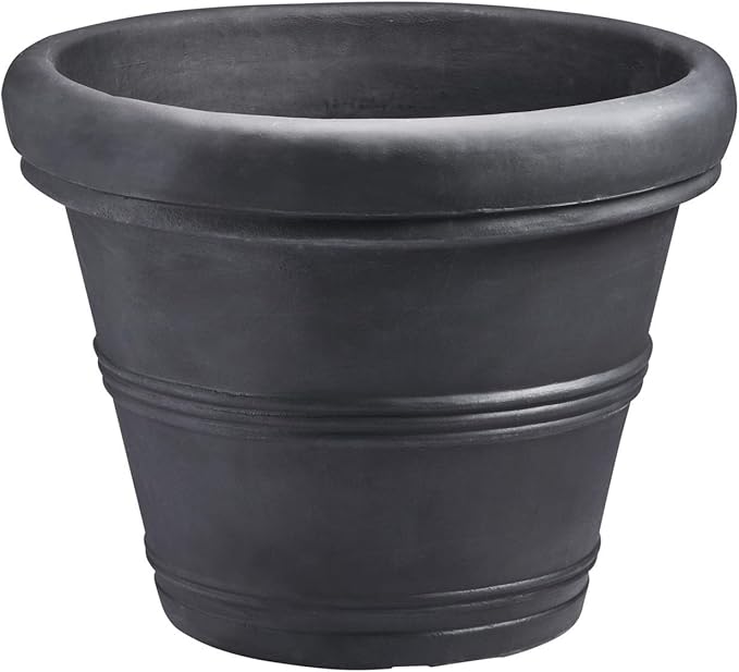 Crescent Garden Brunello Classic Rolled Rim Planter Pot, Indoor/Outdoor Weather-Safe Round Plant Pot, Premium Plastic Flowerpot for Houseplants, Herbs - 16''W (Black)